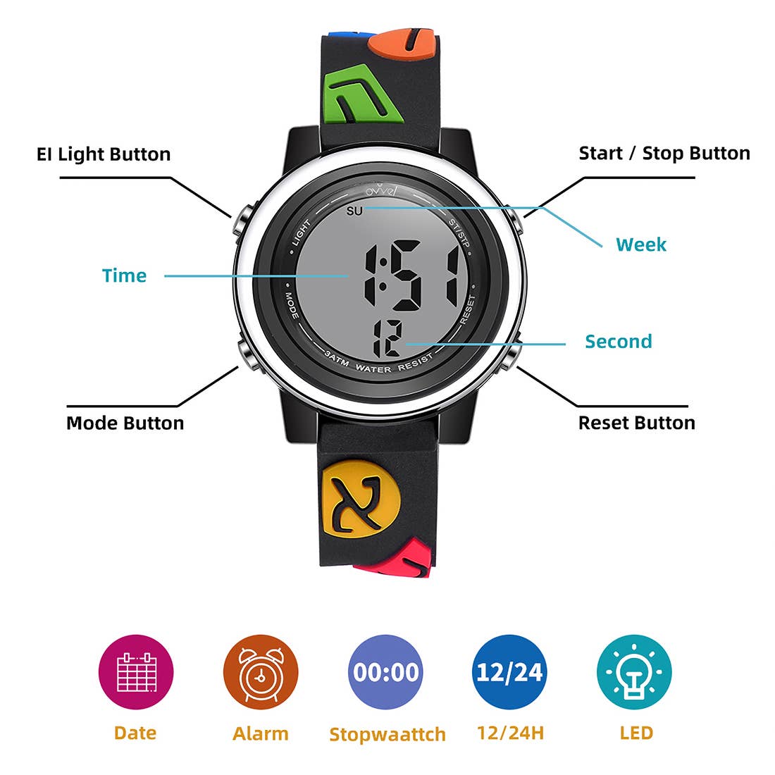 Boy's Digital Sports Watch with many features - Aleph Beis