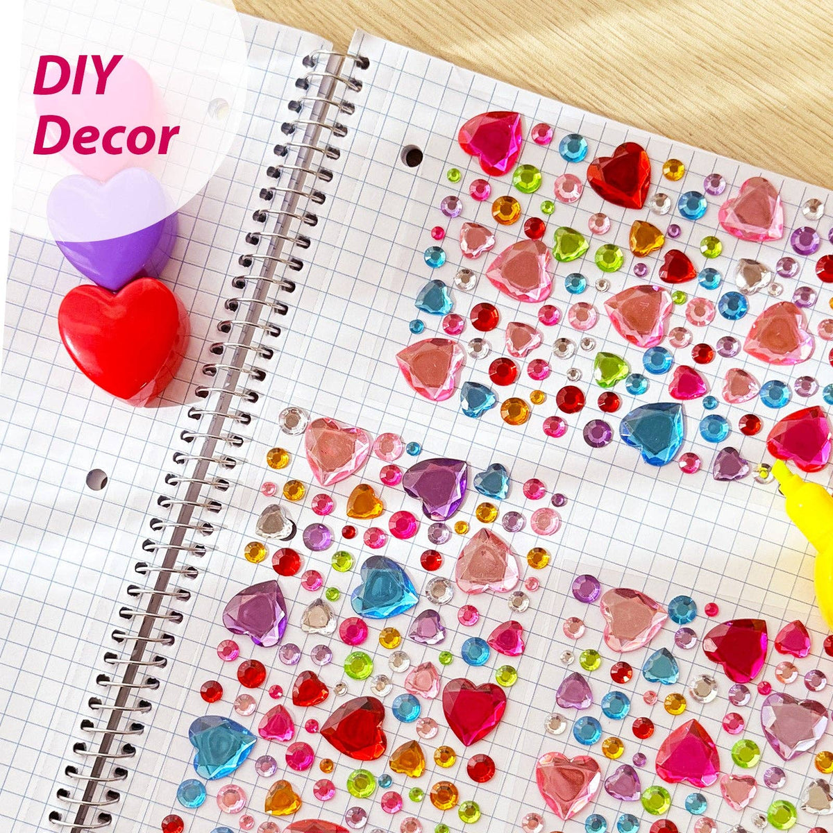 Wrapables 327pcs Acrylic Self Adhesive Crystal Rhinestone Gem Stickers, DIY, Arts & Crafts Supplies (3 sheets), Hearts