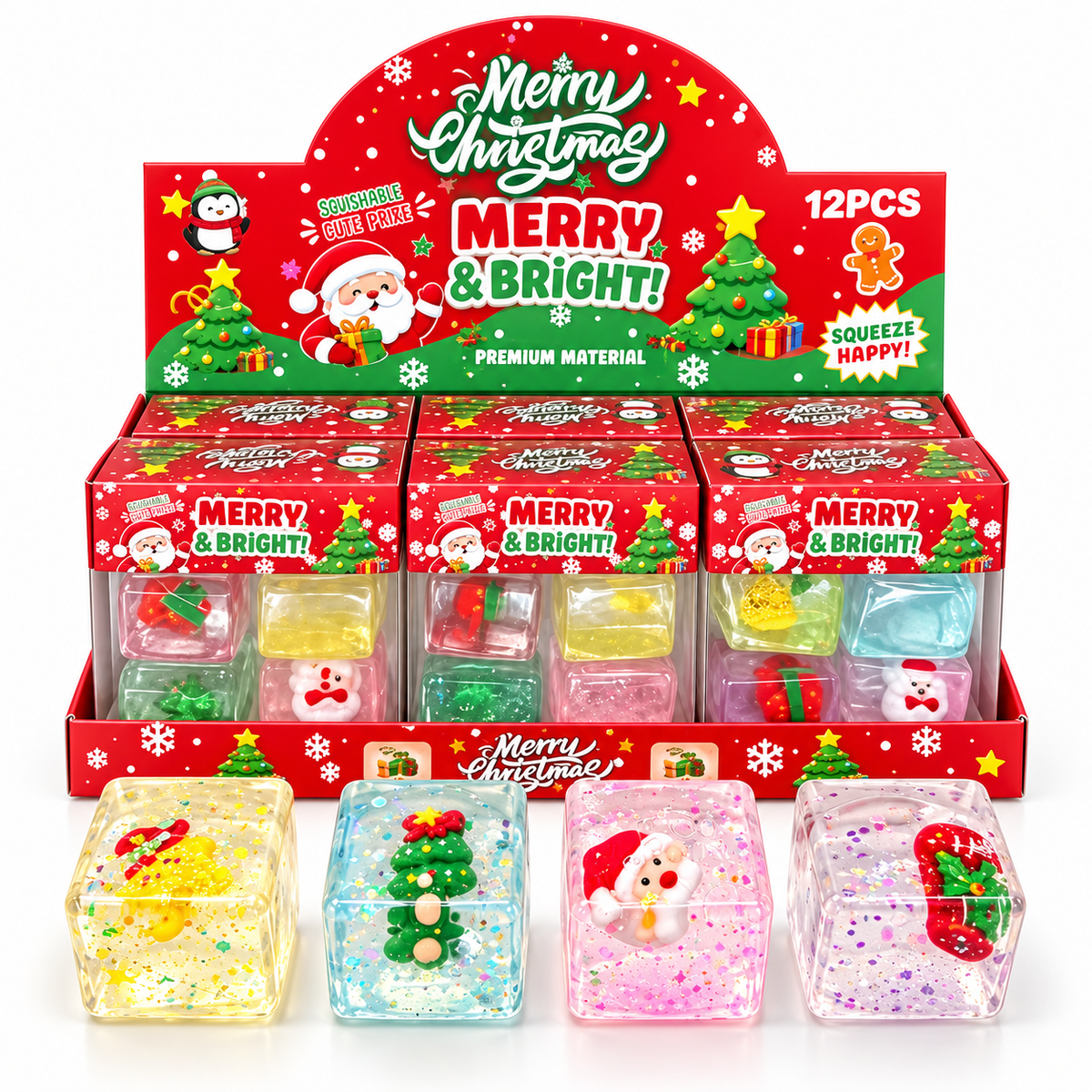 Christmas Glitter Squishy Cube 4-Packs – Display of 12