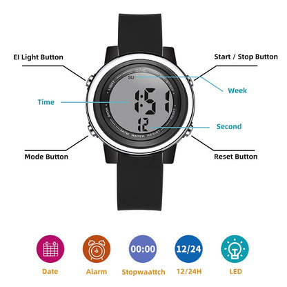 Boy's Digital Sports Watch with many features - Solid Black