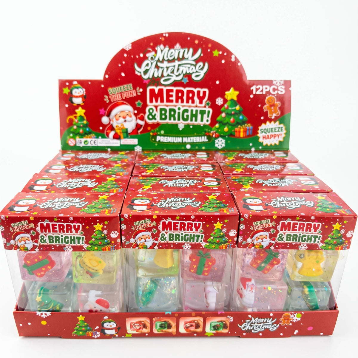 Christmas Glitter Squishy Cube 4-Packs – Display of 12