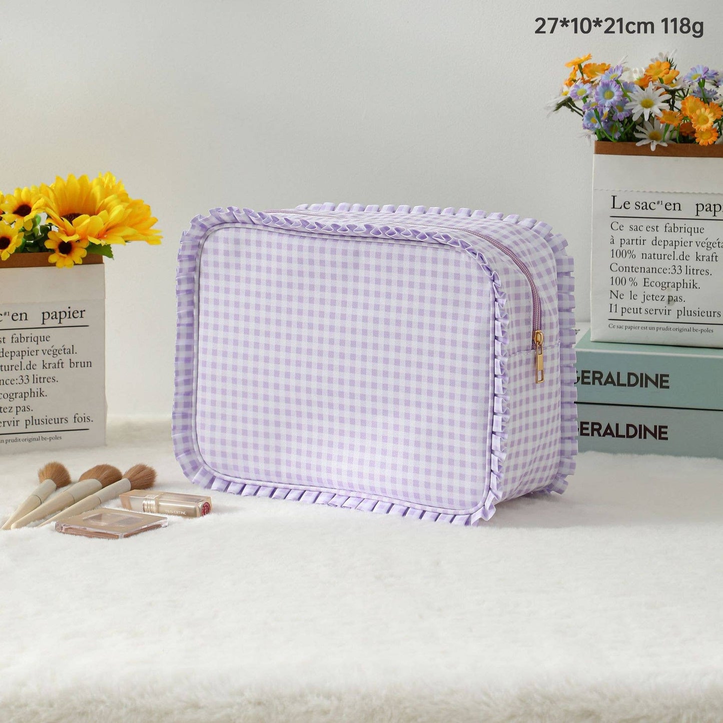 RUFFLE CHECKER STRIPE COSMETIC TRAVEL POUCH BAG | AST.