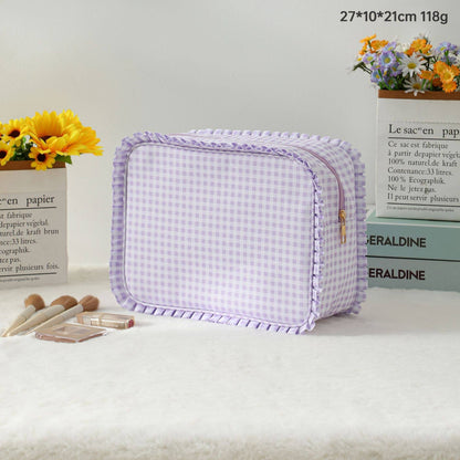 RUFFLE CHECKER STRIPE COSMETIC TRAVEL POUCH BAG | AST.