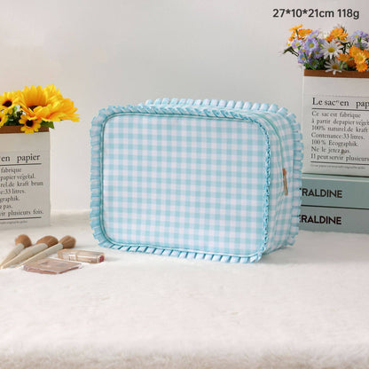 RUFFLE CHECKER STRIPE COSMETIC TRAVEL POUCH BAG | AST.