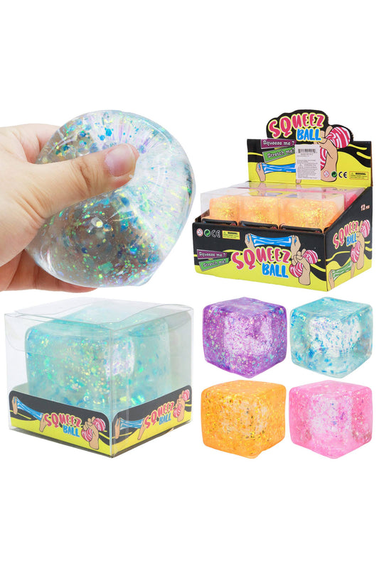Shimmery Glitter Cube Putty Filled Squishy - 12 Pcs