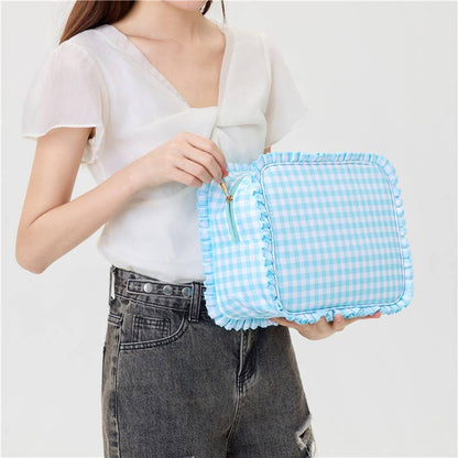 RUFFLE CHECKER STRIPE COSMETIC TRAVEL POUCH BAG | AST.