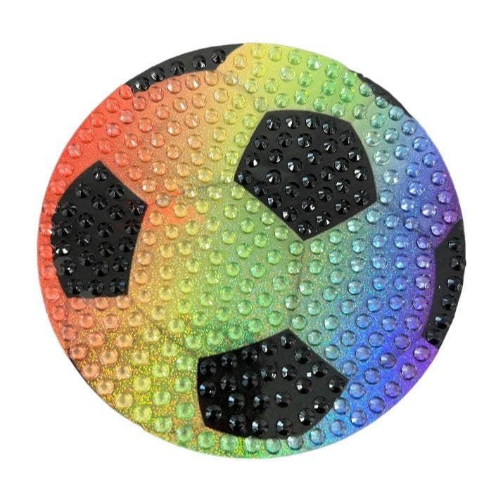 Rainbow Soccer Ball Rhinestone Sticker 2" Cut to Shape