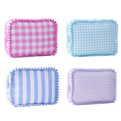 RUFFLE CHECKER STRIPE COSMETIC TRAVEL POUCH BAG | AST.