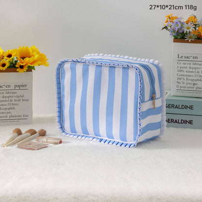 RUFFLE CHECKER STRIPE COSMETIC TRAVEL POUCH BAG | AST.