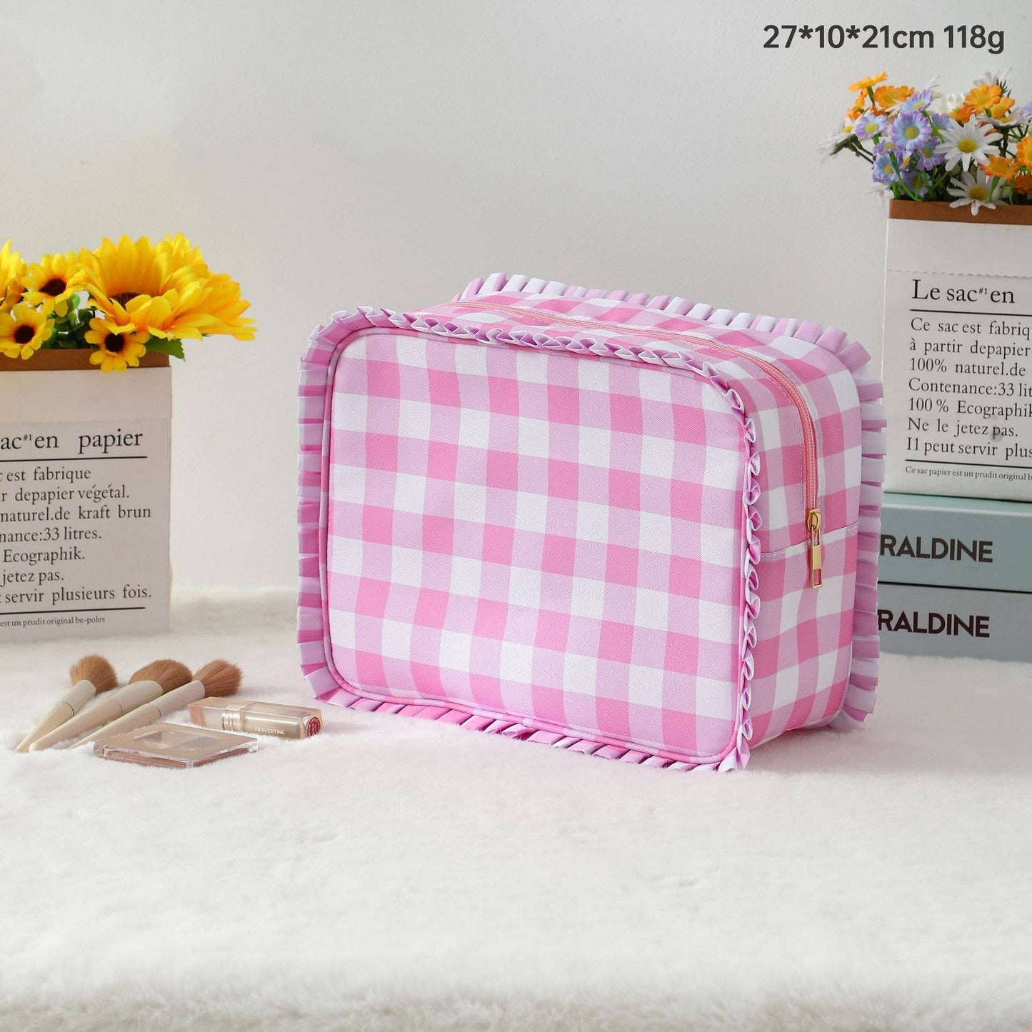 RUFFLE CHECKER STRIPE COSMETIC TRAVEL POUCH BAG | AST.