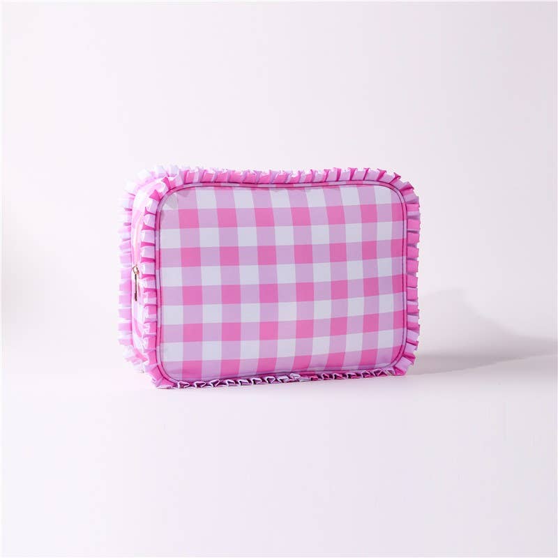 RUFFLE CHECKER STRIPE COSMETIC TRAVEL POUCH BAG | AST.