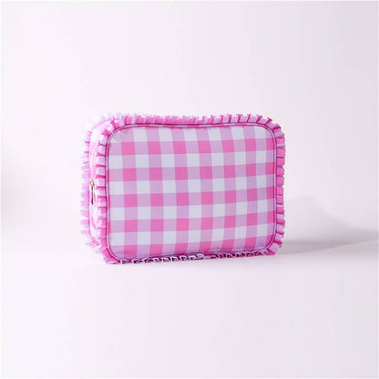 RUFFLE CHECKER STRIPE COSMETIC TRAVEL POUCH BAG | AST.